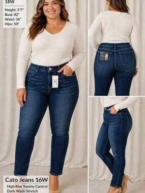 Cato Jeans 16W High Rise Tummy Control Dark Wash Stretch Slim Straight NWT
